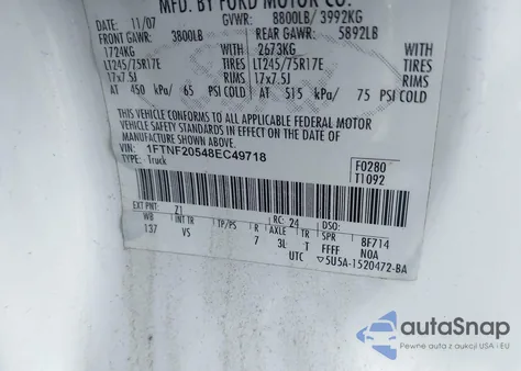 2008 Ford F-250 Xl/Xlt из США, поврежденный, VIN 1FTNF20548EC49718